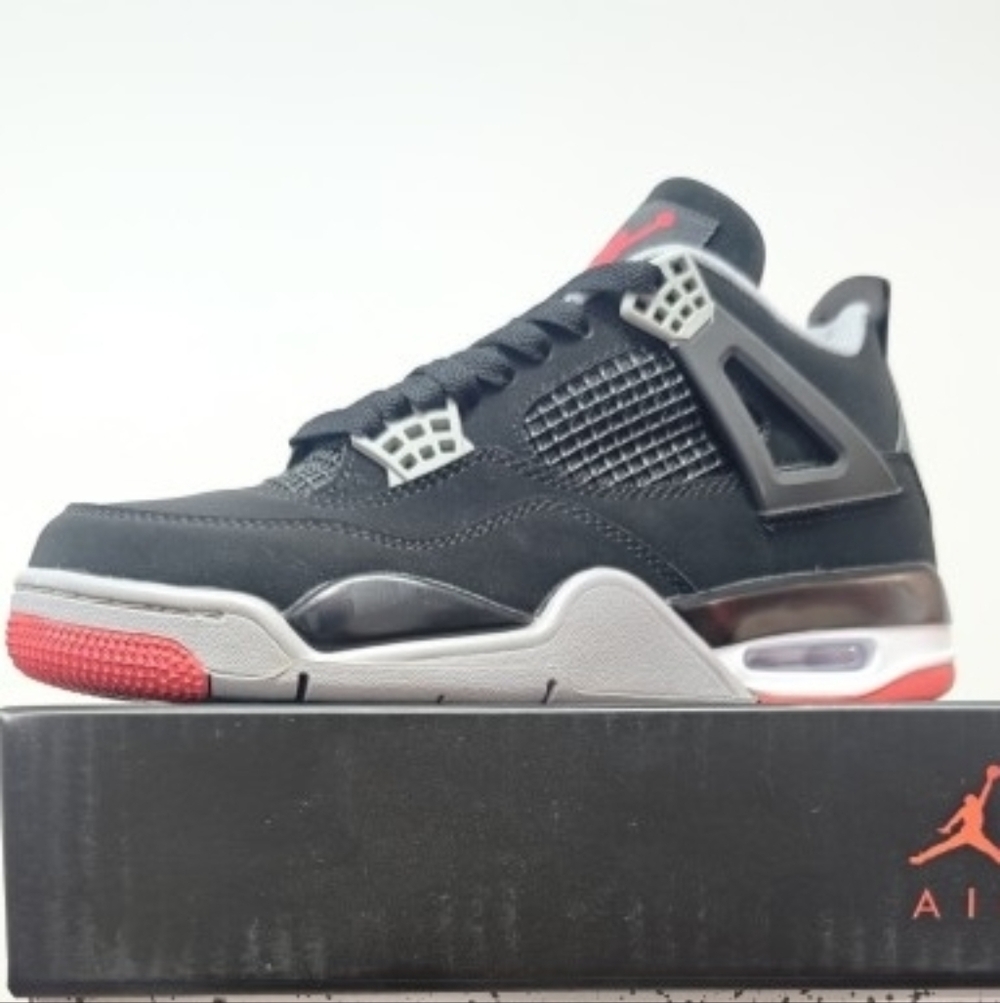 New With Box Men's Air Jordan 4 Bred (Black Fire Red Cement Grey)